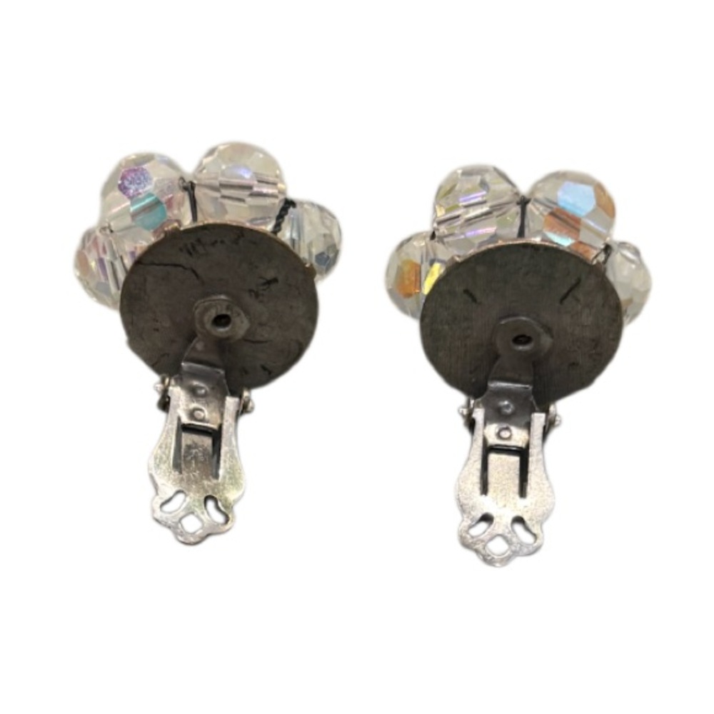 Vintage Earrings Aurora Borealis Crystal Beaded Flowers Clip On 50s 60s Jewelry - Picture 8 of 16